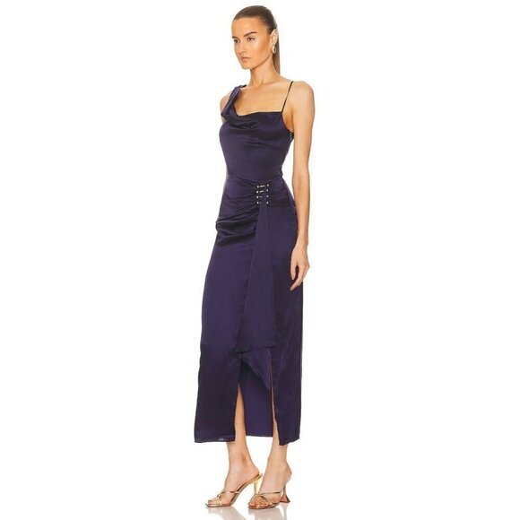NICHOLAS Senda Asymmetric Gown in Midnight 0 New Womens Satin navy Long Dress - Picture 4 of 13